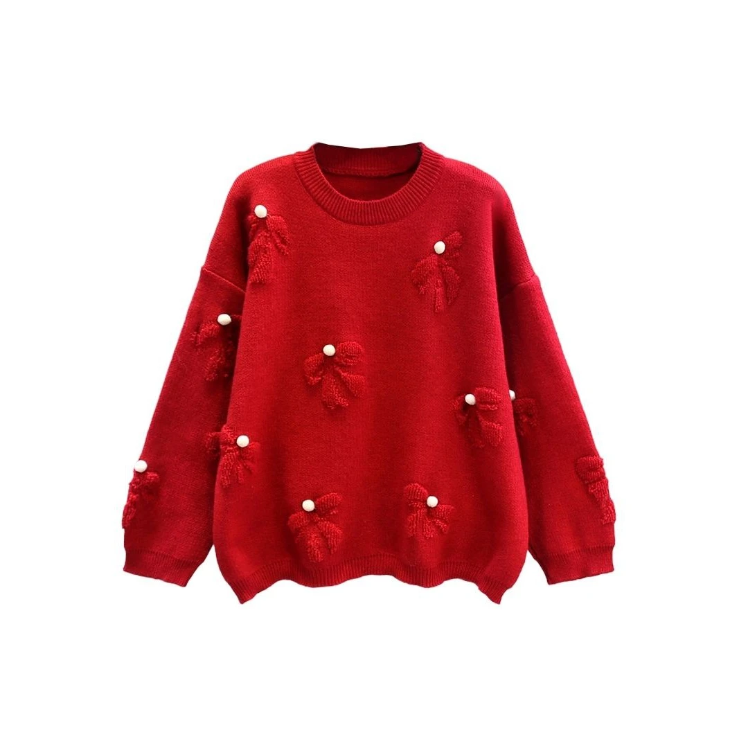 蝴蝶结红色毛衣女秋冬2023新款韩版宽松慵懒风软糯洋气针织衫上衣
