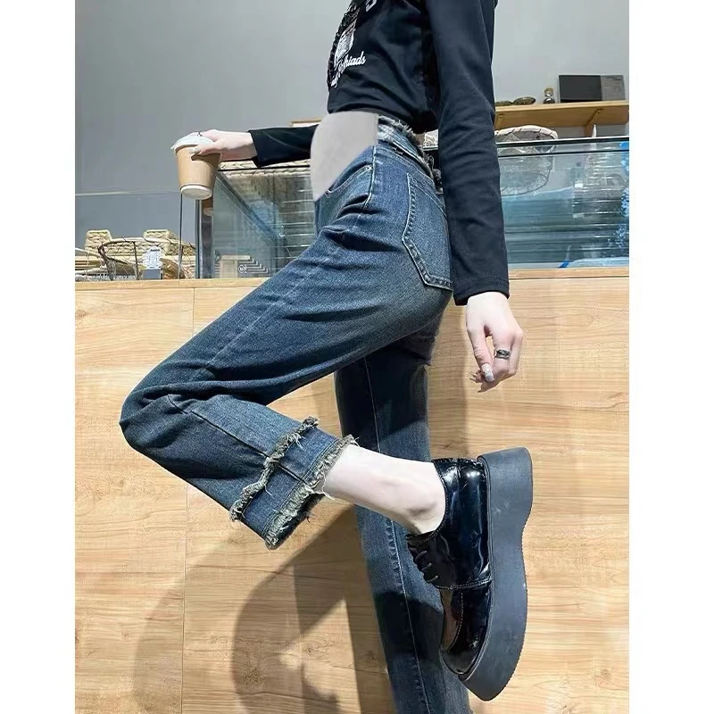 孕妇牛仔裤春秋季时尚宽松直筒毛边孕妇九分裤新款打底高腰秋冬季