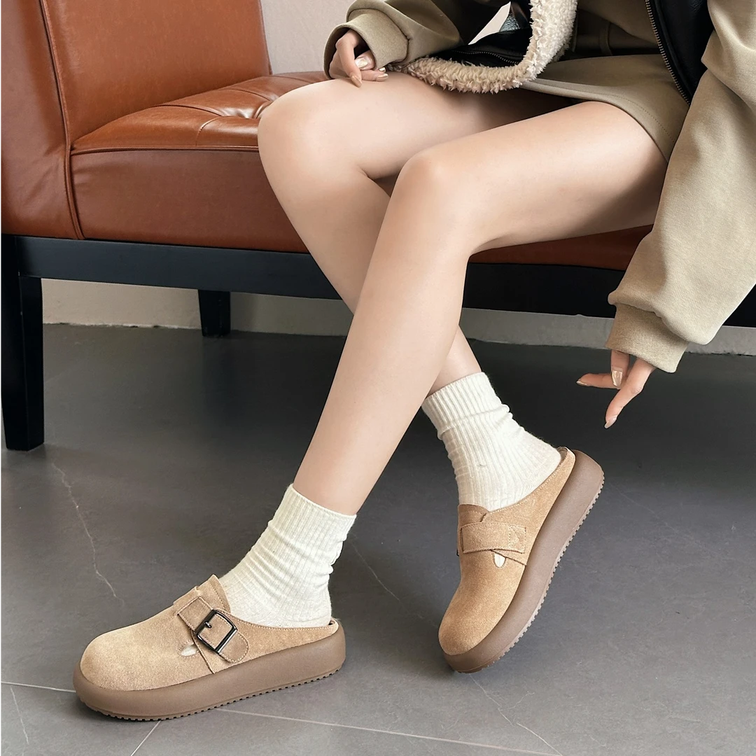 【超好看】2024冬季新款平底复古加绒勃肯包头半拖鞋女日常百搭保暖