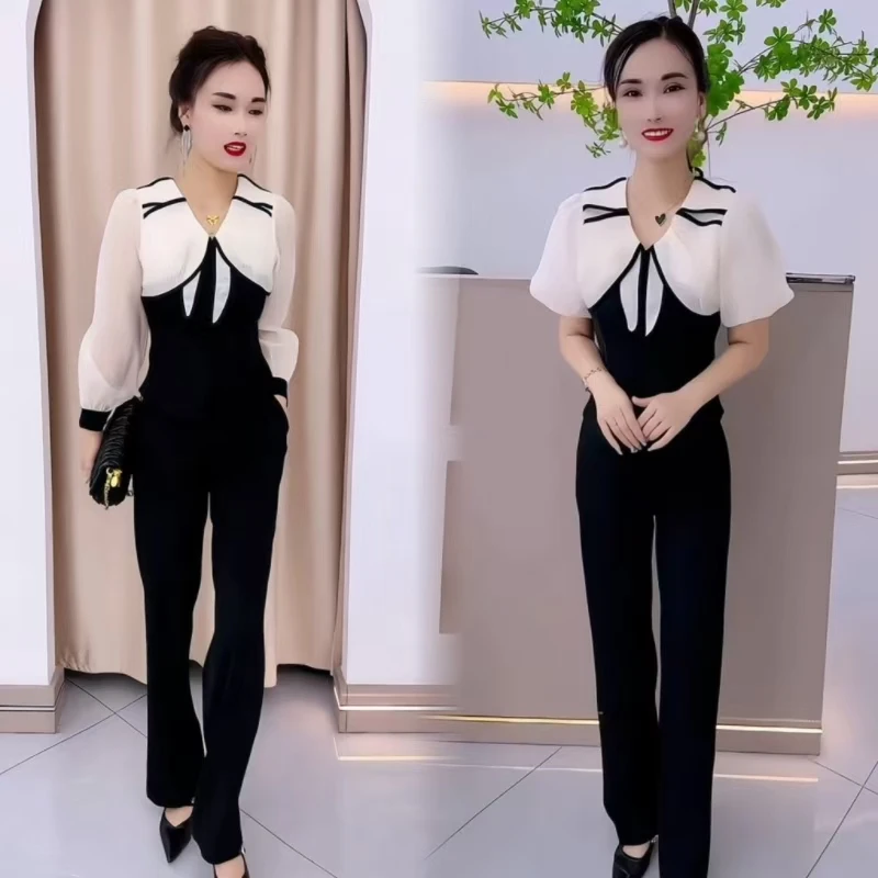 高品质网红爆款两件套2024春秋季新款时尚拼接上衣长裤显瘦两件套