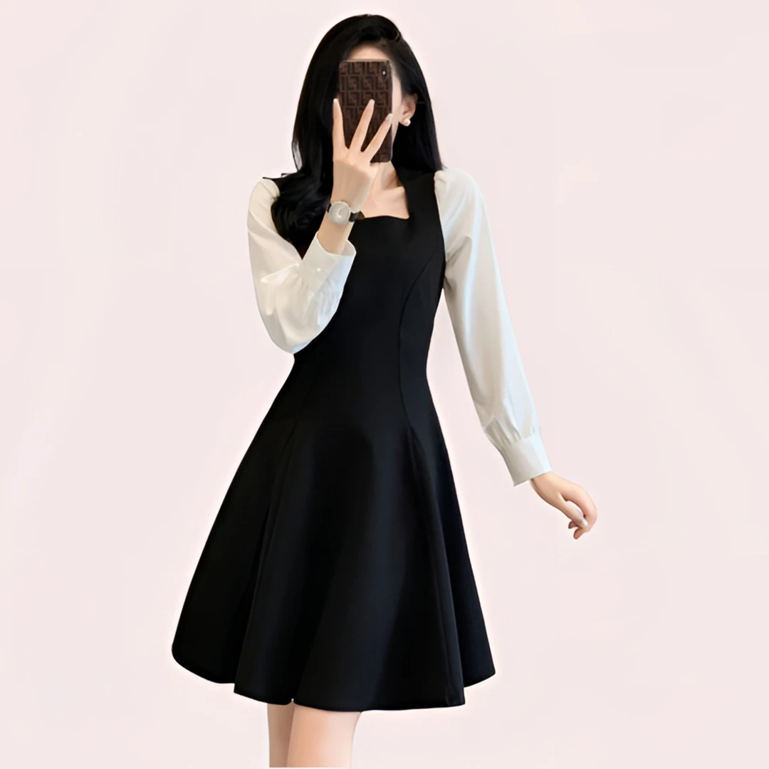 女装显瘦时尚气质长袖2024春季新款时尚方领连衣裙撞色小黑裙