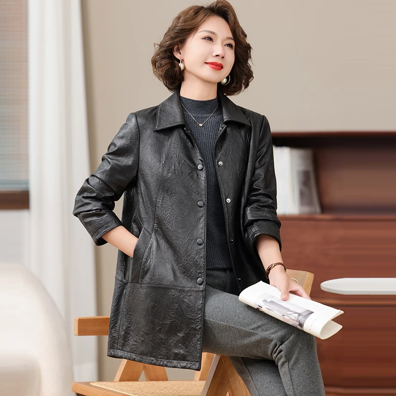 卡宣尼真皮皮衣外套女2024秋季海宁绵羊皮中长款黑色流行外套