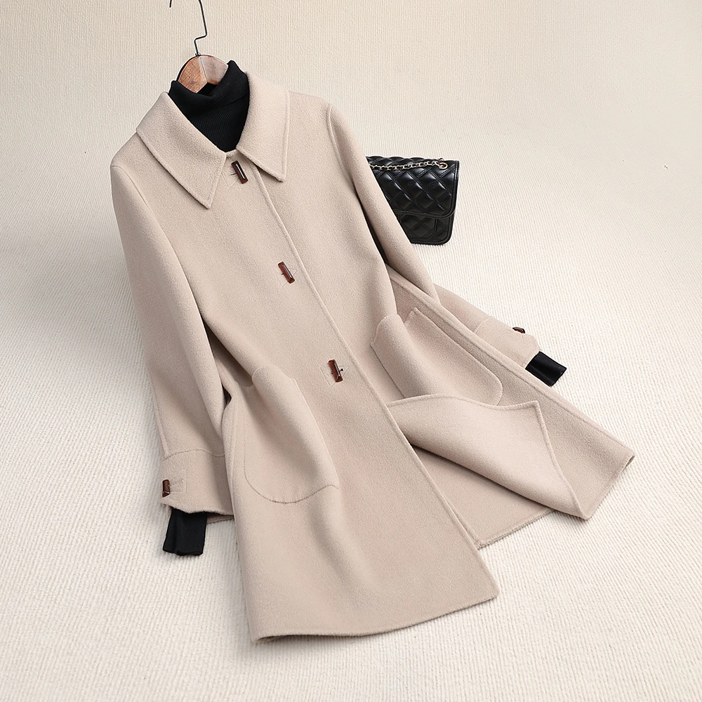中长款单排扣毛呢外套女装修身保暖呢大衣秋冬冬季时尚