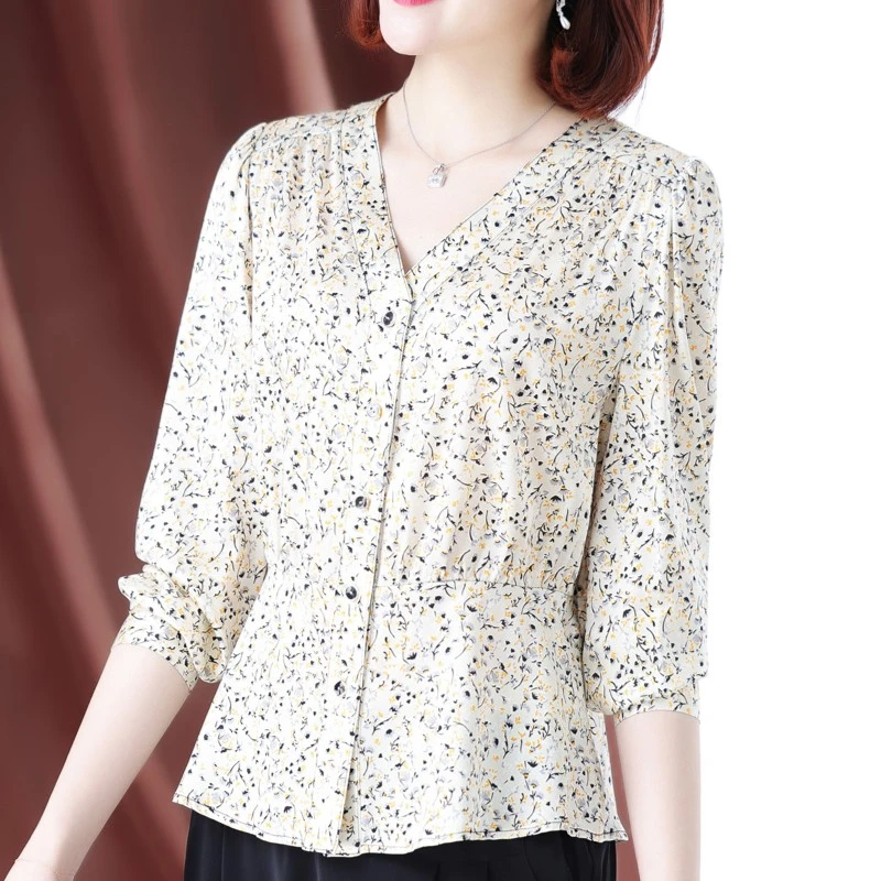 杭州真丝衬衫女士春夏装新款碎花V领长袖上衣气质显瘦桑蚕丝衬衣