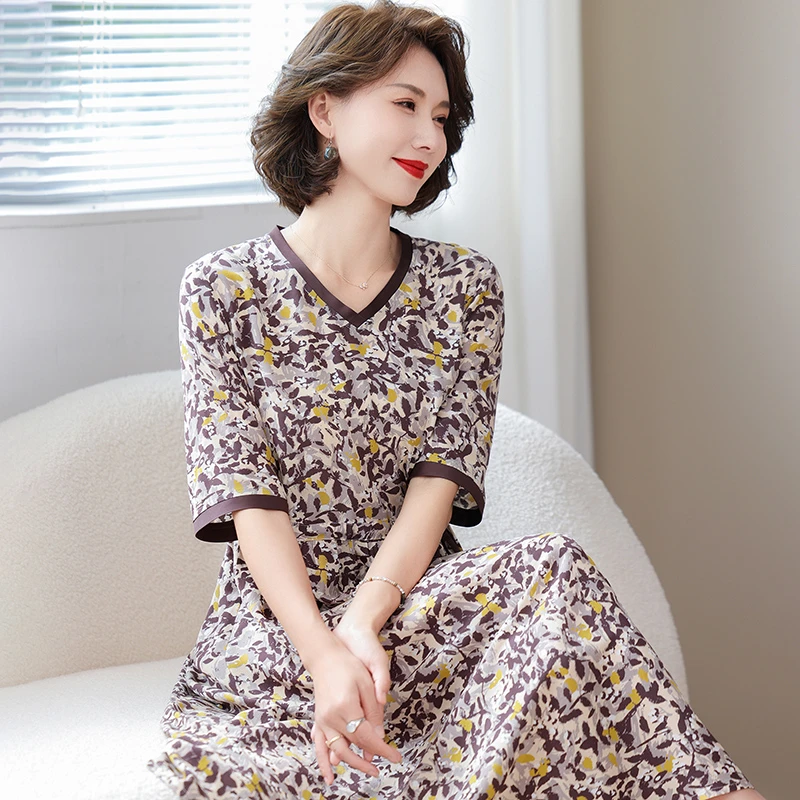 2024新款真丝桑蚕丝连衣裙女中长款印花高级感显瘦裙子夏季妈妈装