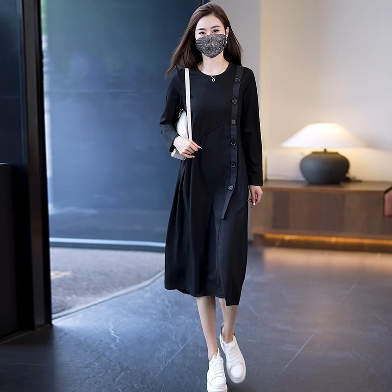 大码宽松显瘦连衣裙2024春装新款女装时尚长袖A字裙淑女长裙子