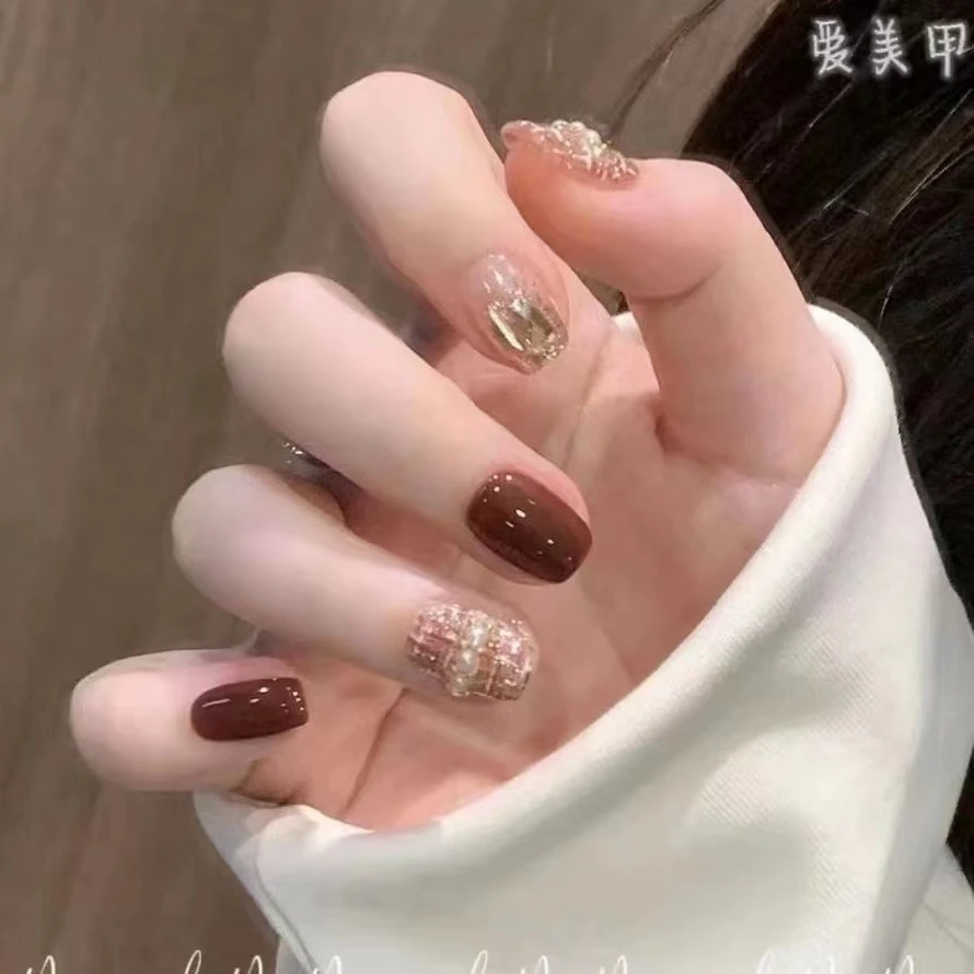 【气质棕小香风】手工穿戴甲美甲粉色纯欲秋冬美拉德钻猫眼仙气裸色