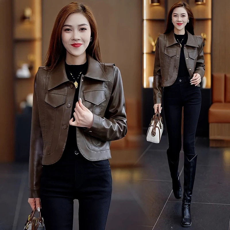 时尚皮衣外套女2024秋季新款女士气质休闲百搭小个子皮夹克上衣