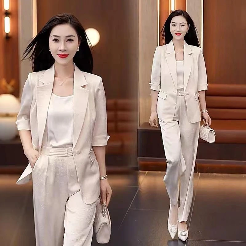 时尚小西装套装女2025夏季减龄女士洋气薄款西服背心直筒裤三件套
