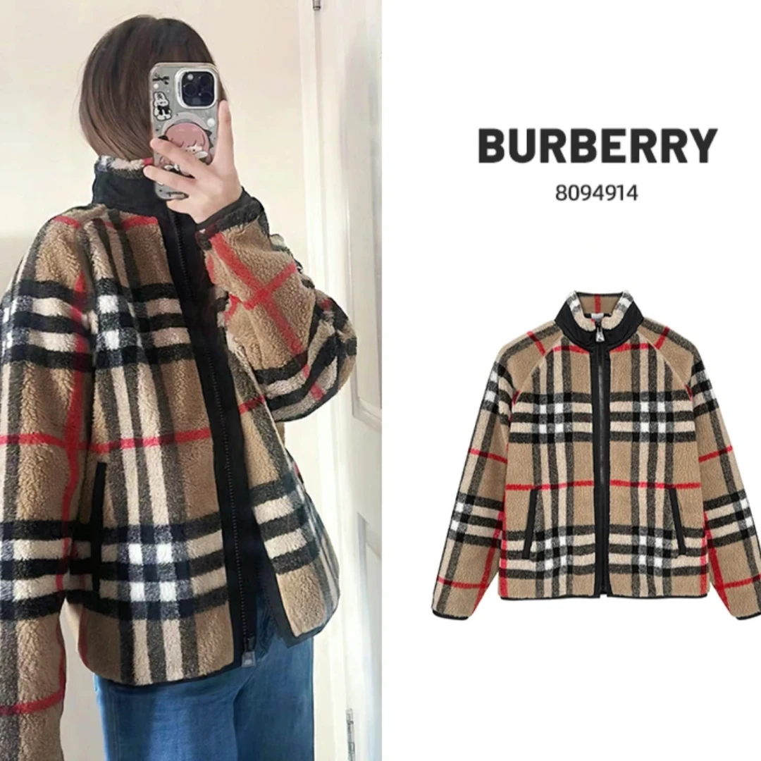BURBERRY/博柏利奥莱羊毛混纺绒头格纹泰迪熊外套 女 80949141