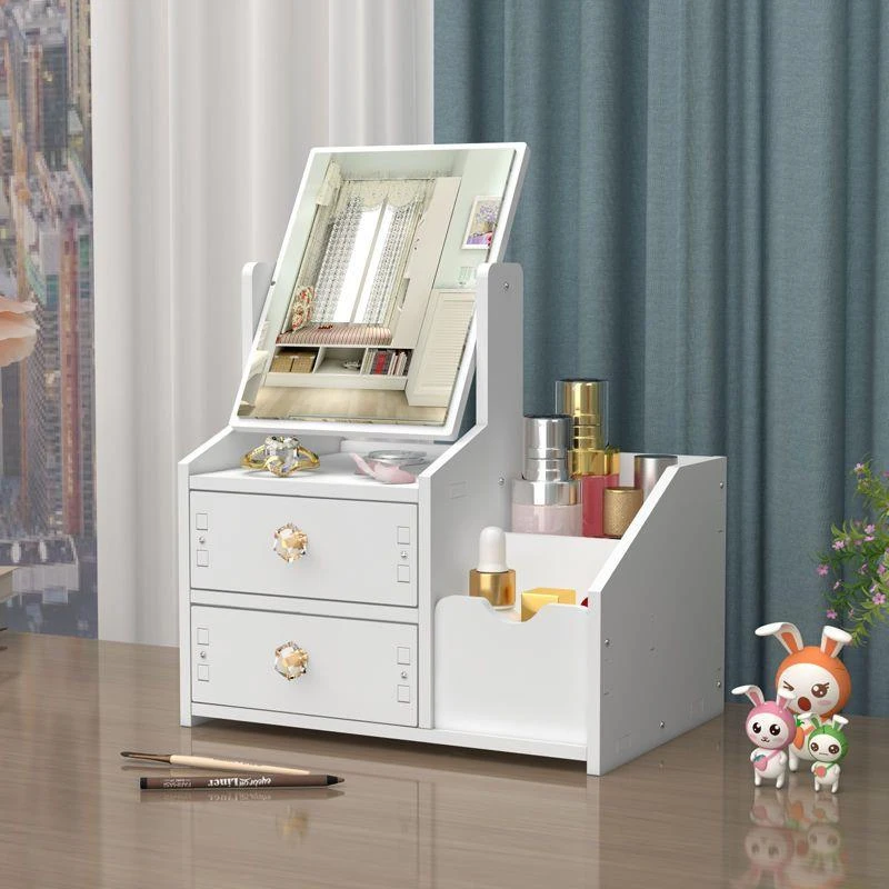 化妆品收纳盒带化妆镜桌面台式梳妆镜便携旋转创意卧室宿舍防水防