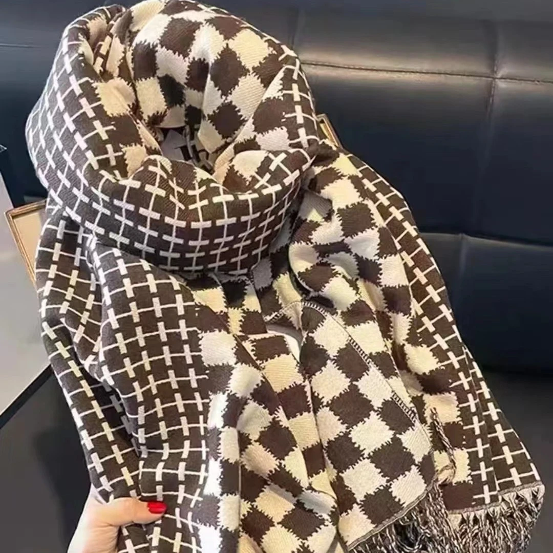【芒芒】2023冬季新款韩版围巾时尚百搭棋盘格双面色围巾围脖加厚