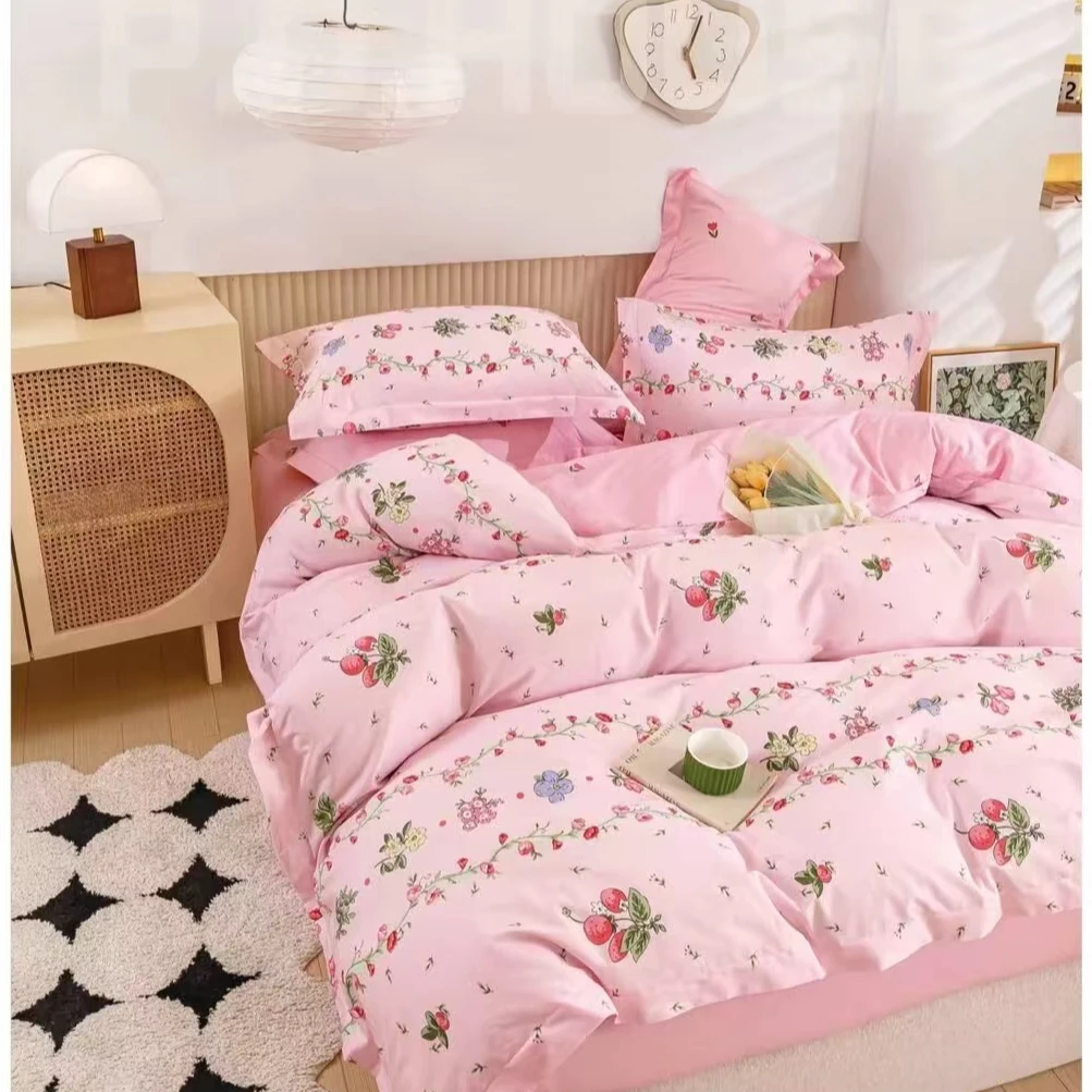 晟源定制 加密100%纯棉斜纹柔光棉 草莓夏日床单被套床品全棉定制