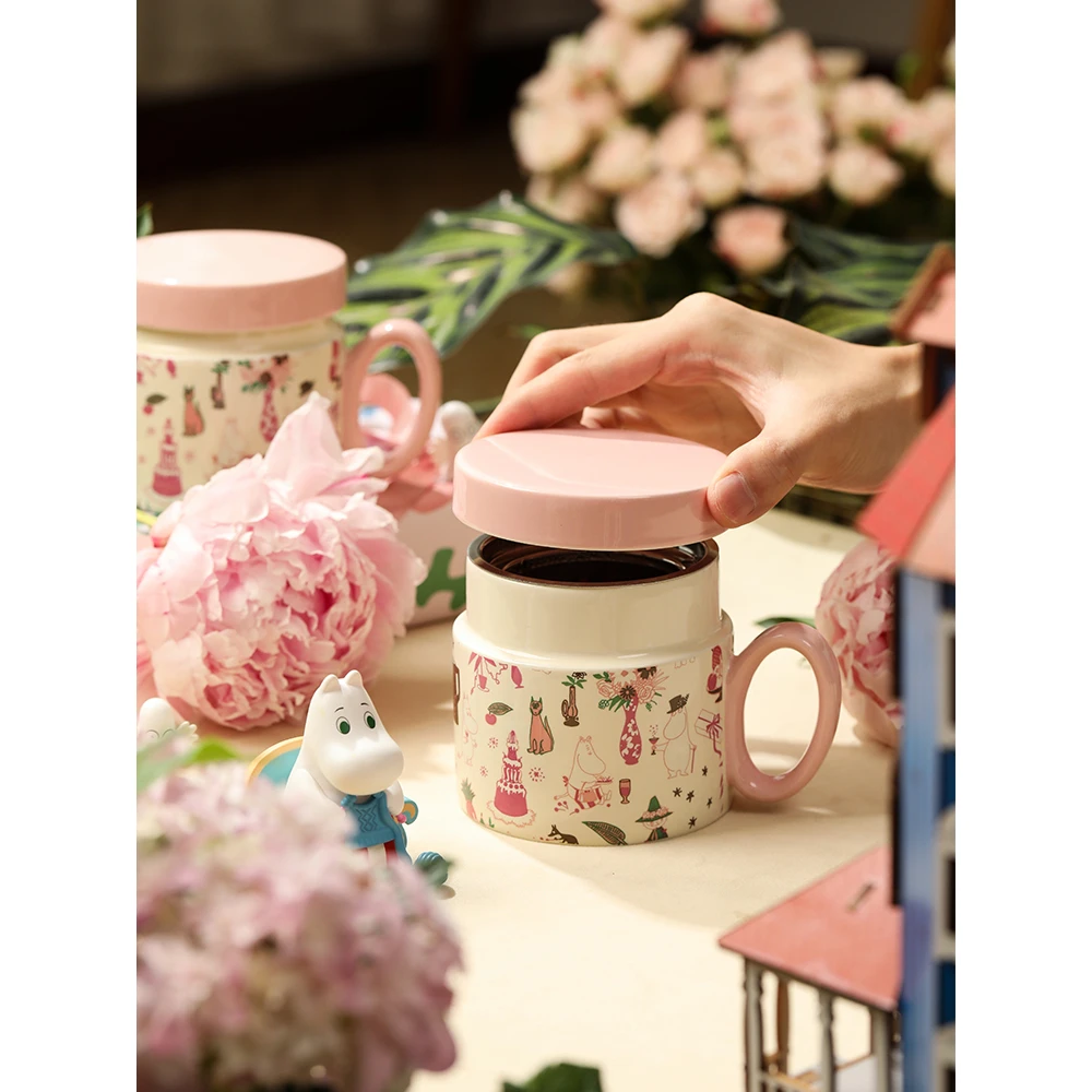 蓝莲花moomin姆明杯子花茶杯陶瓷带盖马克杯女生高颜值家用喝水杯