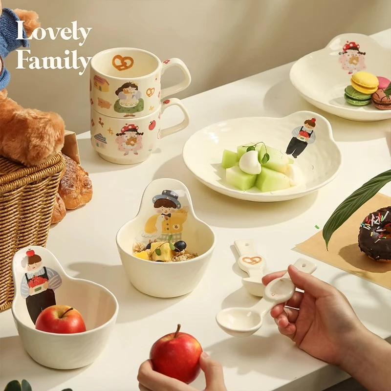 蓝莲花一家三口四口餐具套装陶瓷家用碗盘勺专人专用乔迁新居礼物