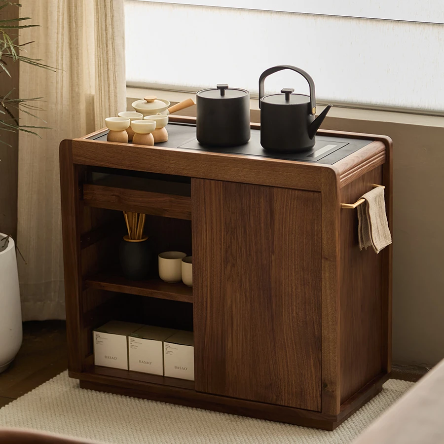 旧写刘胖北美黑胡桃木茶水柜边几移动茶台烧水一体