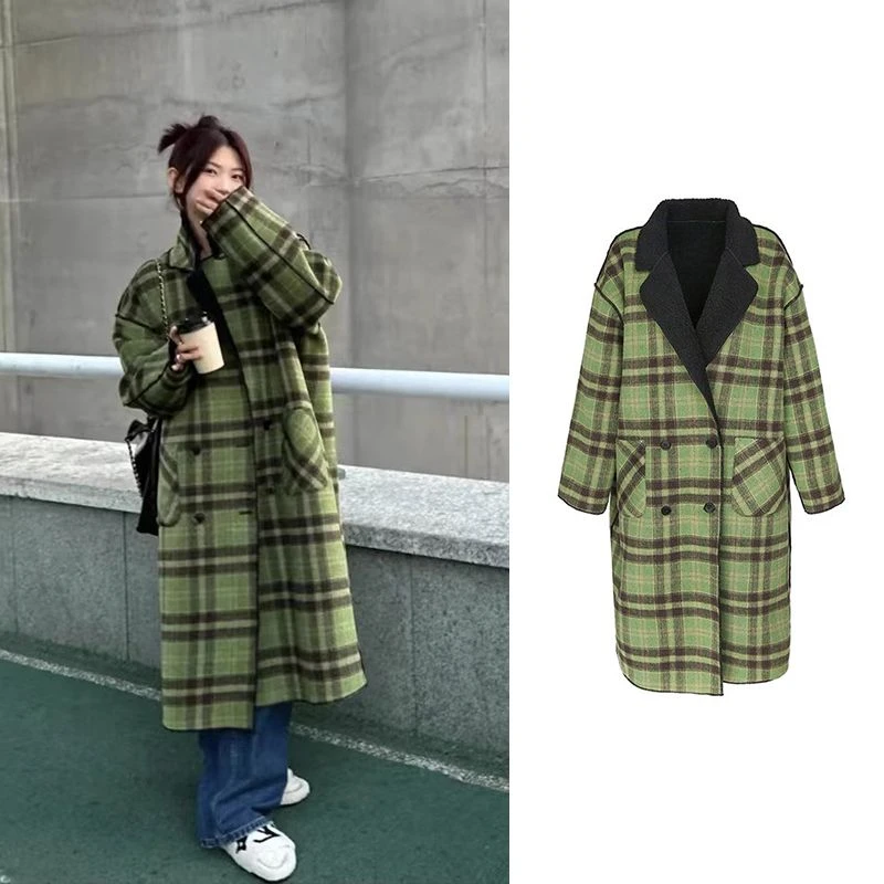 绿色毛呢外套女两面穿复古小众格子新款长款秋冬森系大衣服