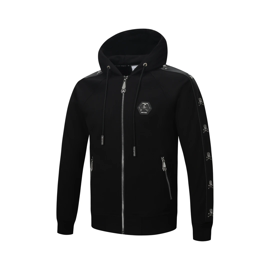 PHILIPP PINLI反季秋季男上衣时尚百搭黑色刺绣拉链连帽男款卫衣