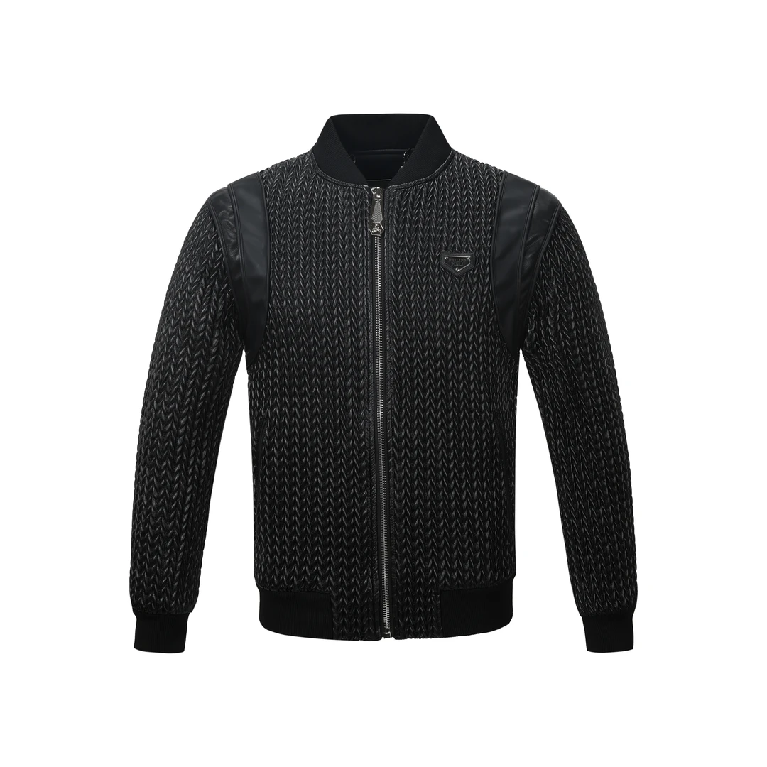 philipp pinli 3D轻奢潮流重工编织黑色皮衣百搭立领夹克外套修身