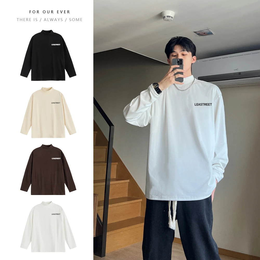 半高领德绒长袖t恤男秋冬季加绒加厚保暖打底衫潮牌白色内搭上衣