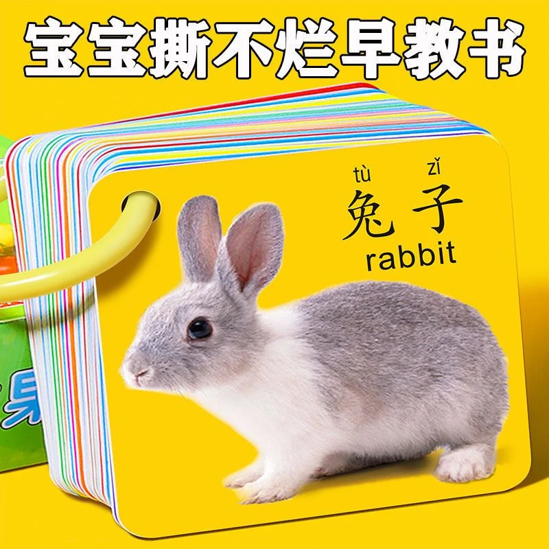 儿童撕不烂早教卡益智学习卡片宝宝启蒙玩具看图识字卡动物认知书