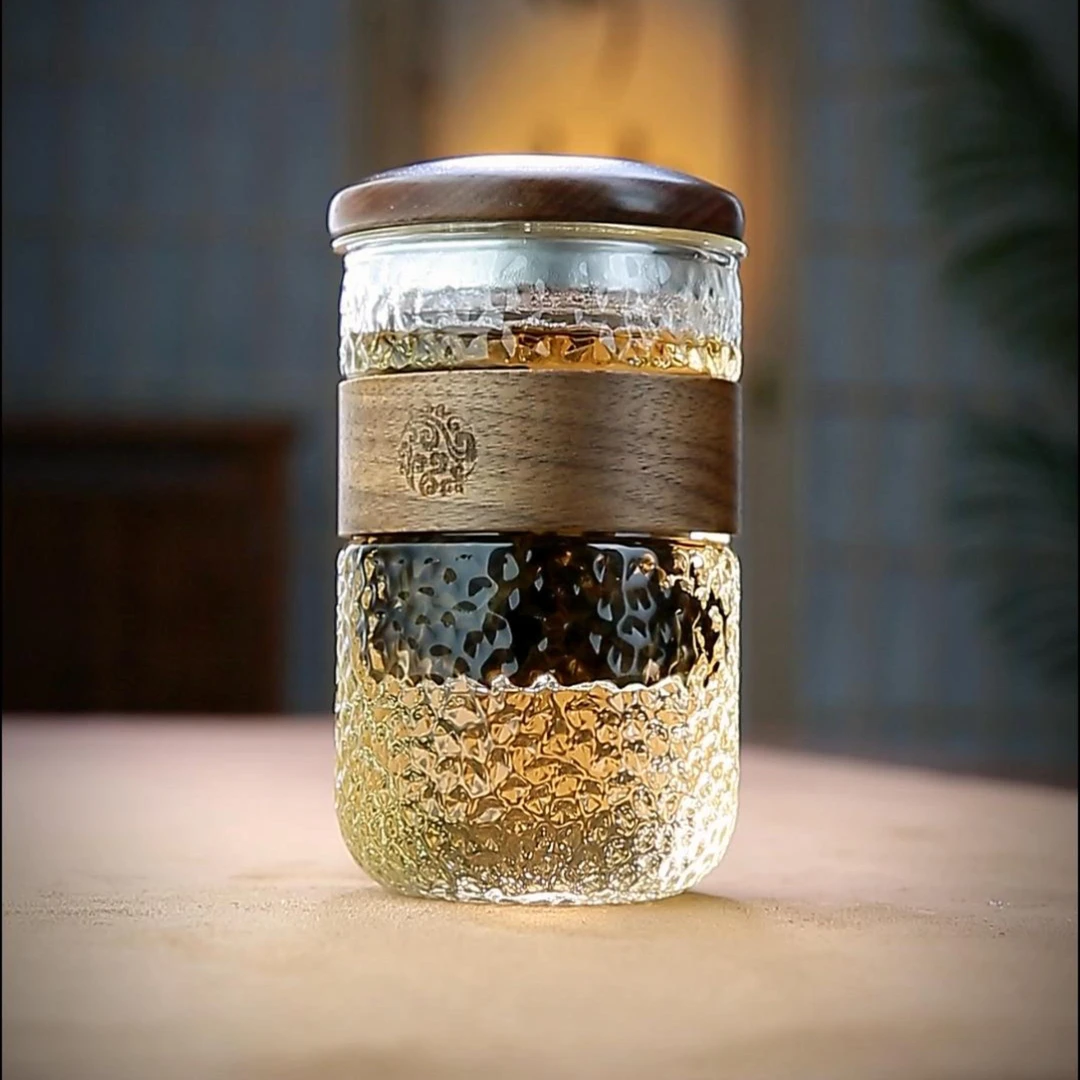 锤纹玻璃杯三件杯茶水分离带过滤泡茶杯随身防烫喝茶杯子