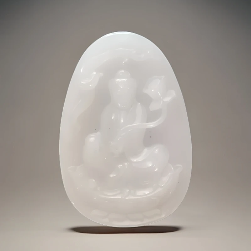 和田玉青海料白玉观音牌手工精雕