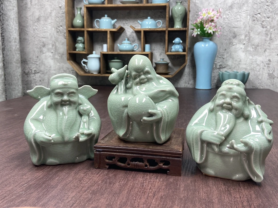 【寻梦】汝瓷福禄寿手工摆件汝州豆绿手工高端汝窑