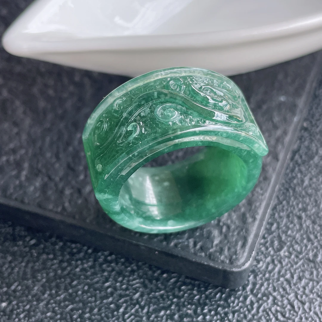 25号圈口天然A货翡翠满色复古龙玉扳指男款精雕糯冰种马鞍玉指环