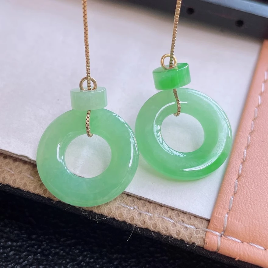 天然翡翠平安扣耳饰缅甸老坑A货满色飘阳绿母子平安扣玉扣子耳线