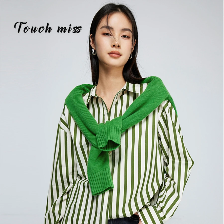 TouchMiss法式竖条纹衬衫女冬季宽松显瘦纯棉衬衣 设计感廓形上衣