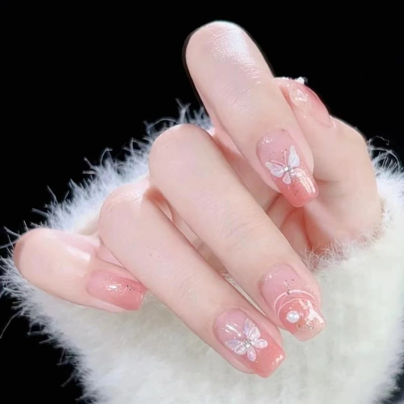 【手工美甲】温柔显白 纯欲腮红蝴蝶穿戴甲 气质新娘婚甲超好看