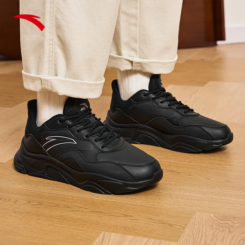 安踏男鞋小千禧休闲鞋子新款秋冬皮面黑色老爹鞋官方正品运动鞋男