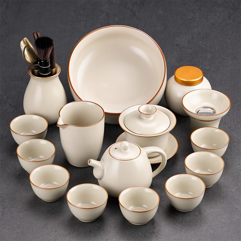 米黄汝窑功夫茶具套装家用茶壶盖碗泡茶办公室陶瓷茶杯茶盘礼盒装