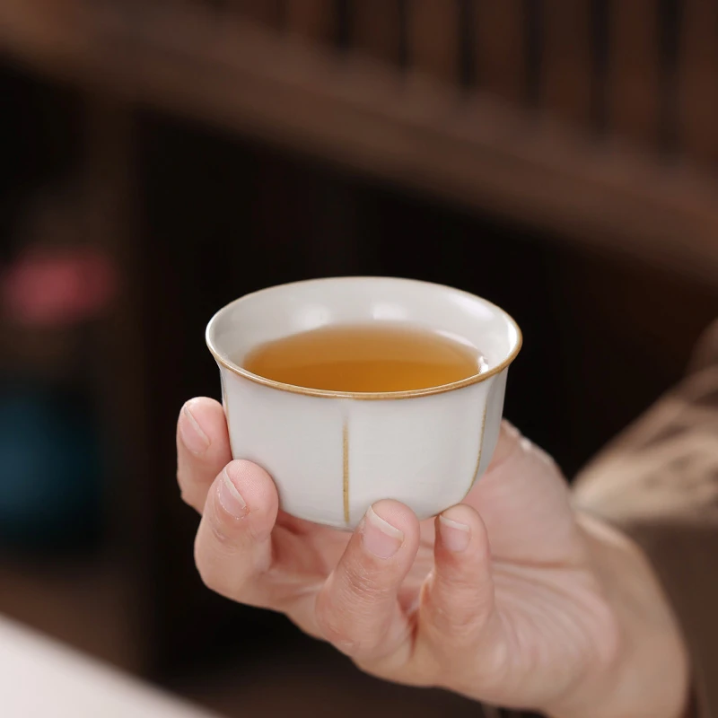 米黄汝窑单个茶碗主人杯家用陶瓷茶杯个人专用单杯品茗杯功夫茶具