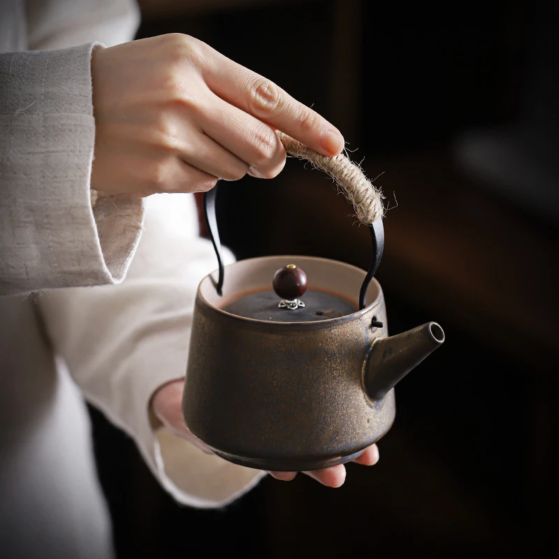 洞藏楼 仿柴烧半手工鎏金铁锈釉复古陶瓷粗陶日式小调茶壶提梁壶