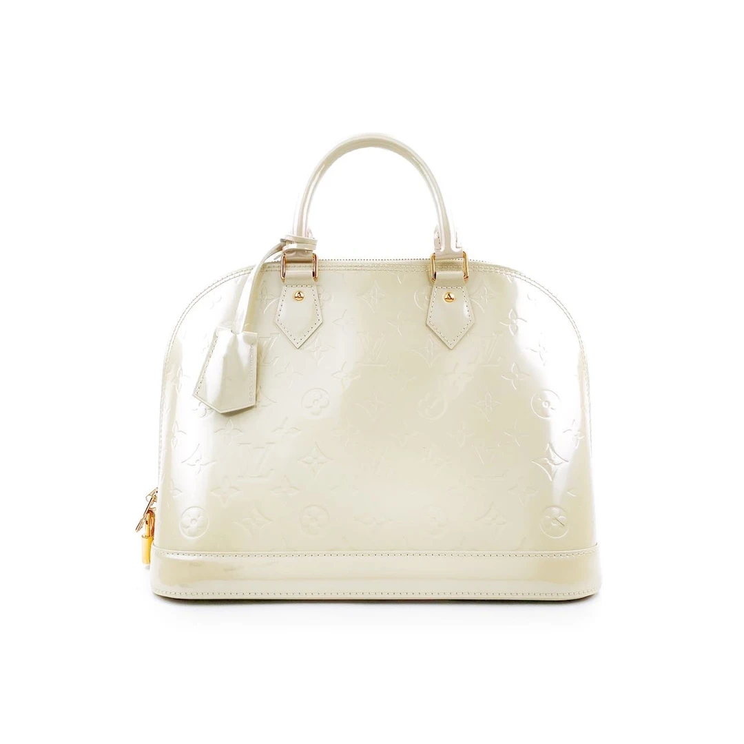 95新 LouisVuitton/路易威登 老花压印漆皮Alma淡奶黄色贝壳包