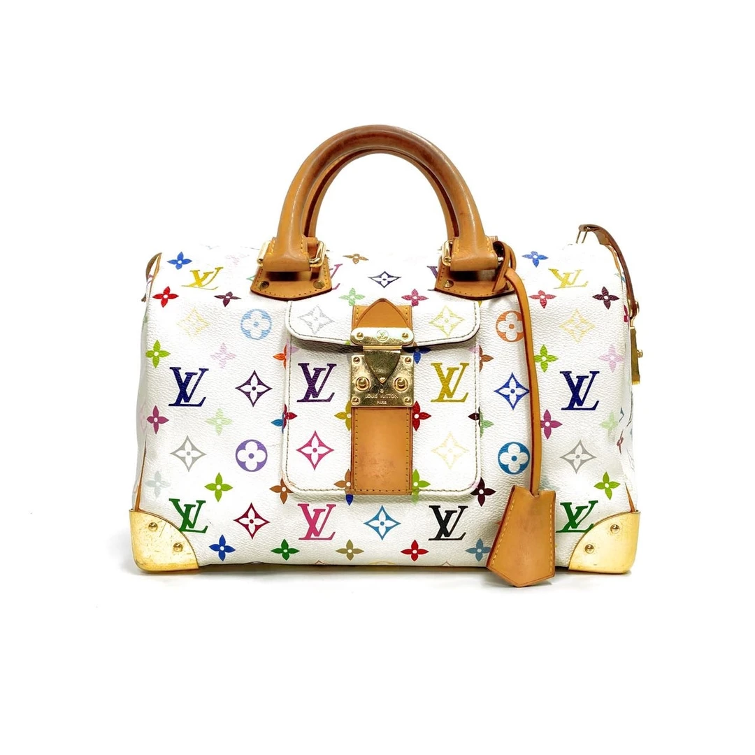 95新 LouisVuitton/路易威登 老花牛皮Speedy30白三彩款手提包