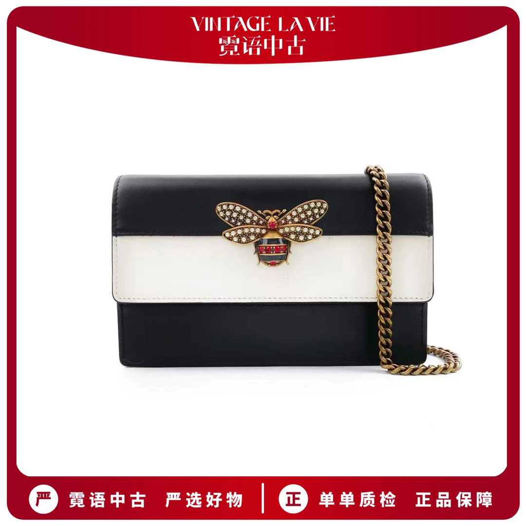 99新 GUCCI/古驰 黑白/红蓝白Queen Margret珍珠蜜蜂链条包
