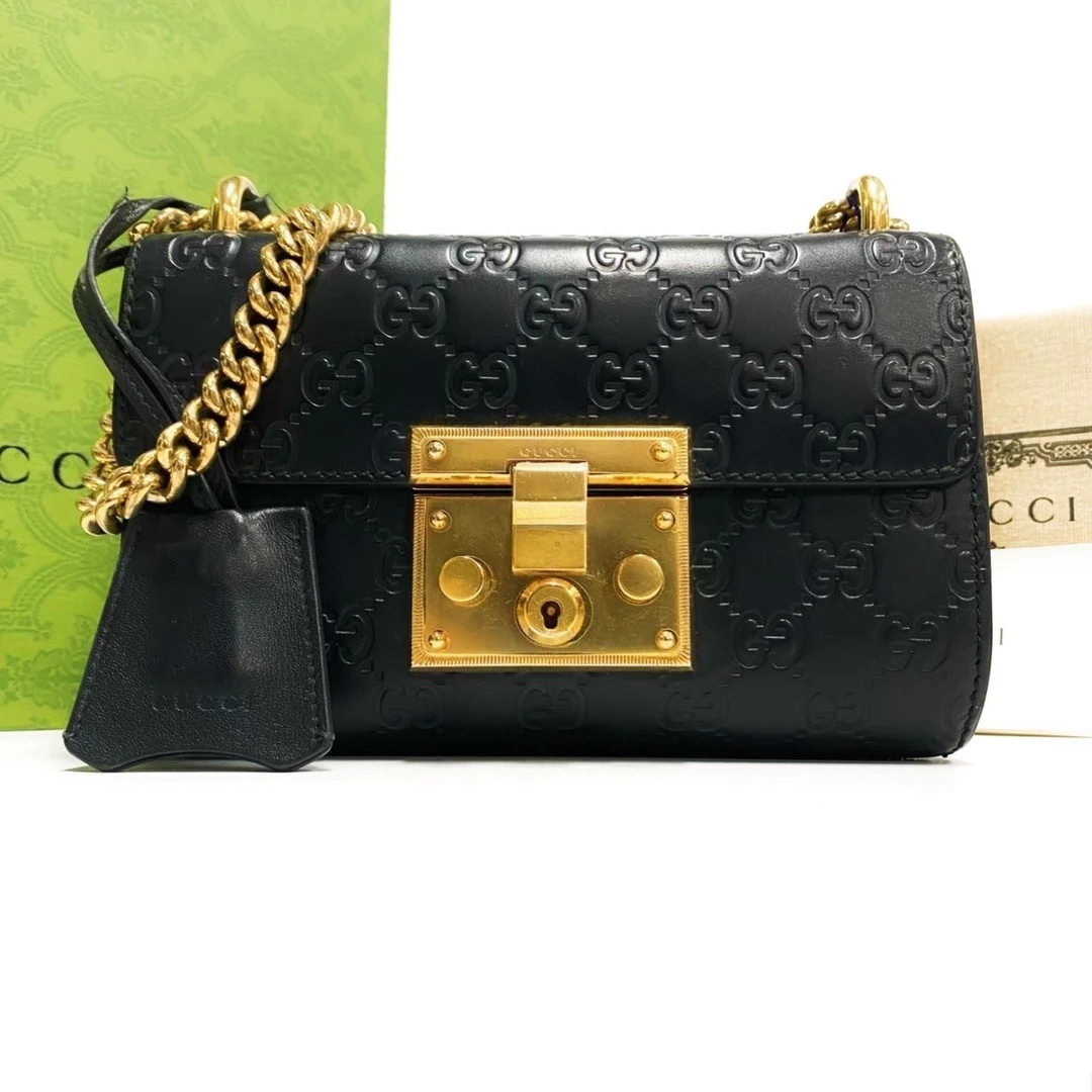 99新 GUCCI/古驰 黑色padlock金属锁头扣链条包