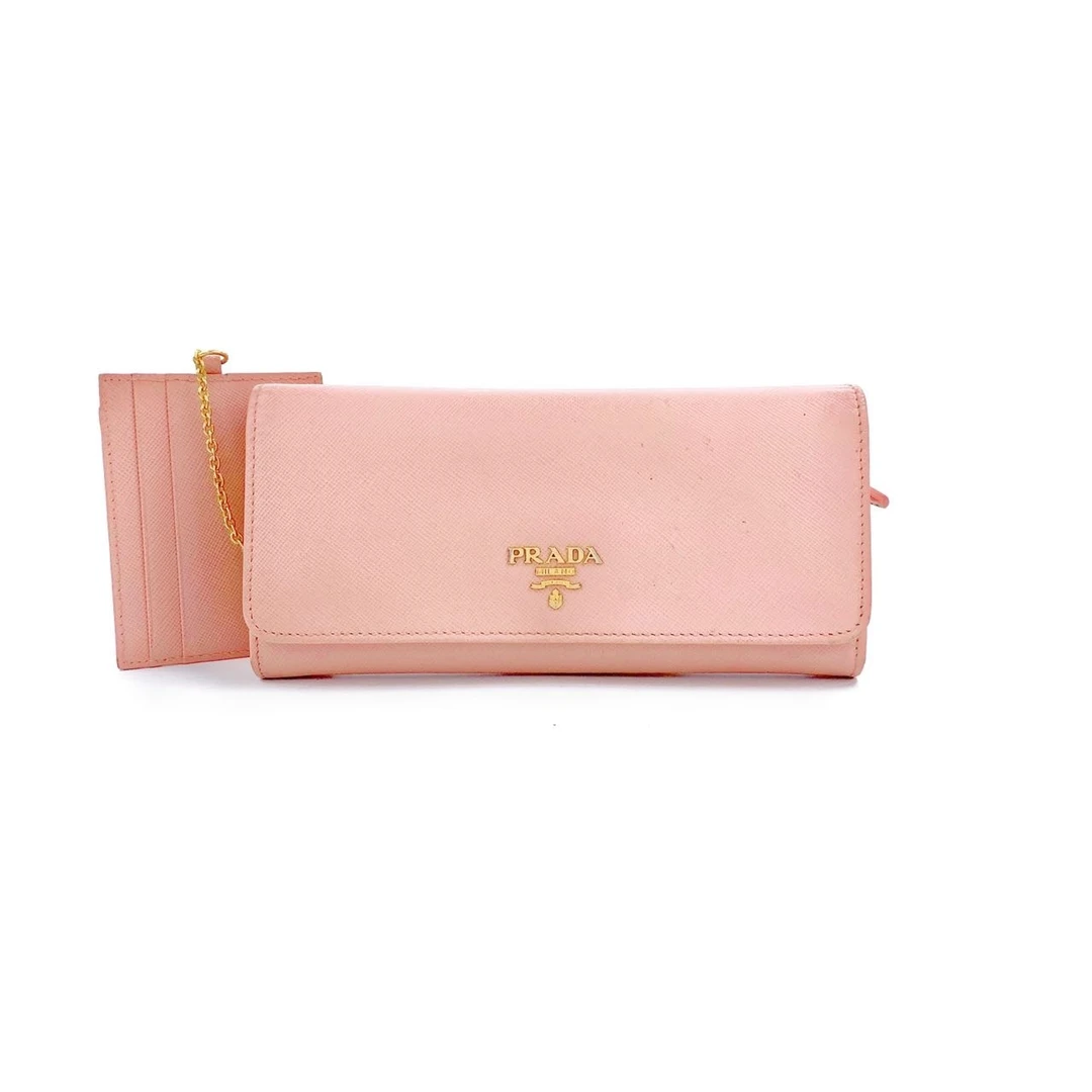 95新 Prada/普拉达 粉色牛皮金标子母手拿包钱夹