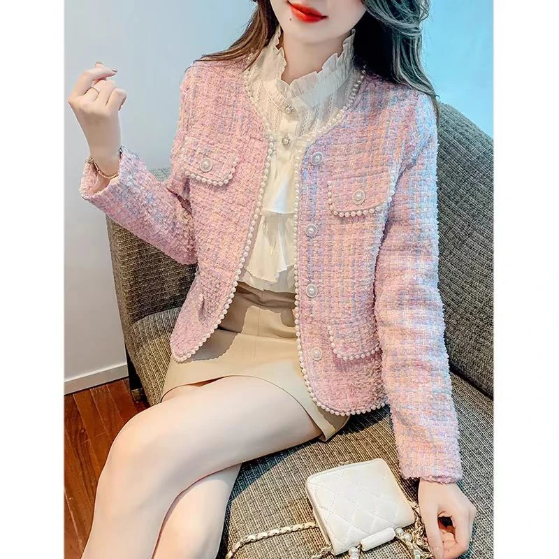 6135#粉色欧若风小香风外套女新款小个子法式高级感钉珠上衣
