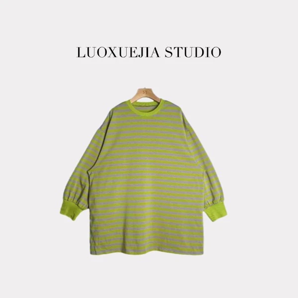 LXJ24429「周末美术馆」经典圆领撞色条纹中长款上衣