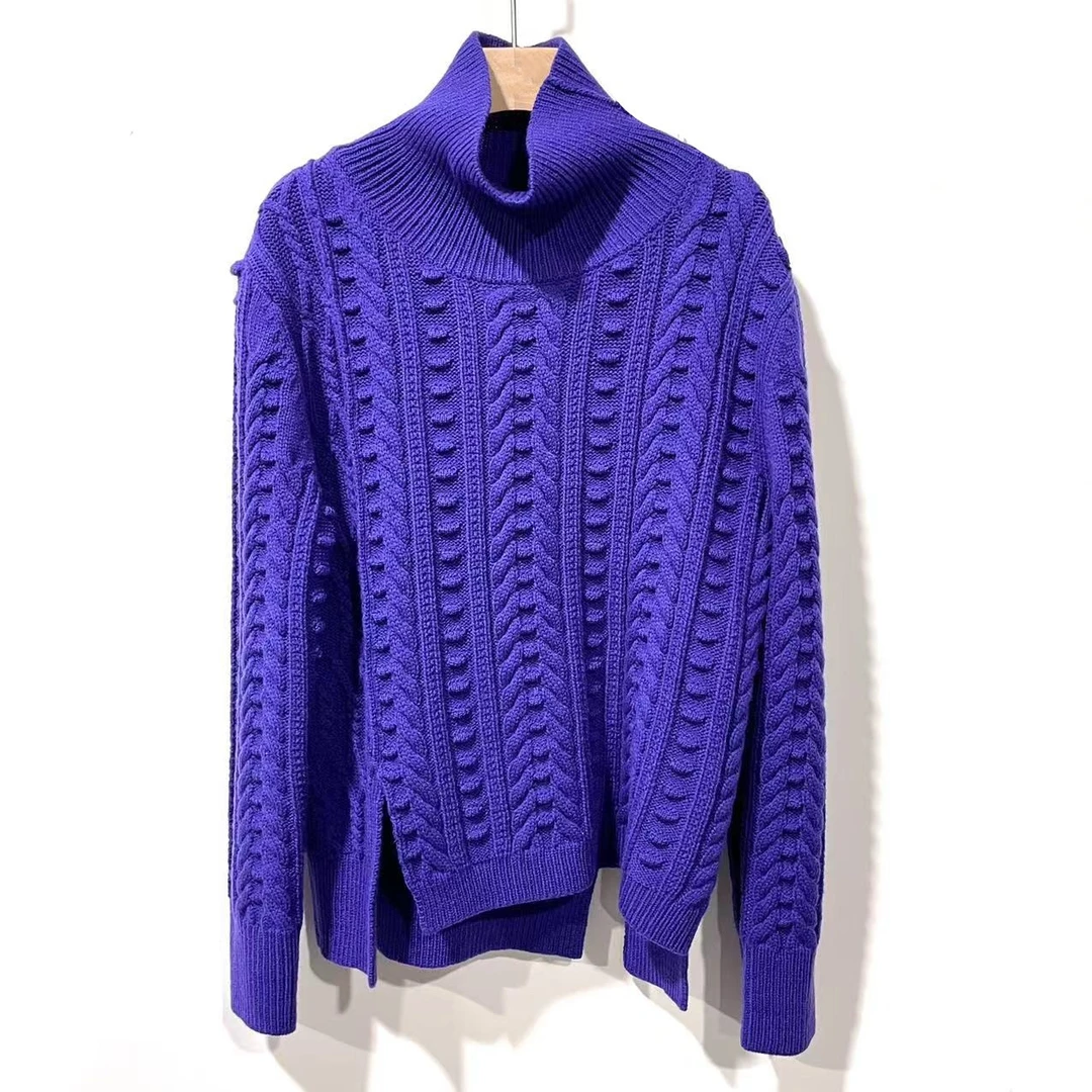 SY19434高领纯色不规则毛衣-麻花纹长袖套头