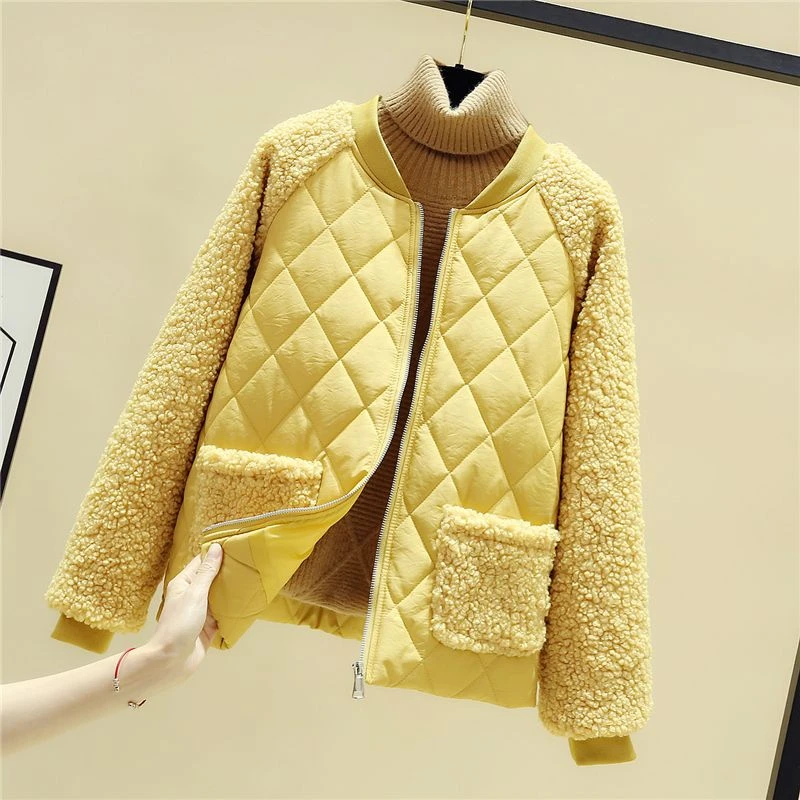 羽绒服轻薄羽绒服女短款2023新款韩版宽松仿羊羔毛拼接羽绒款