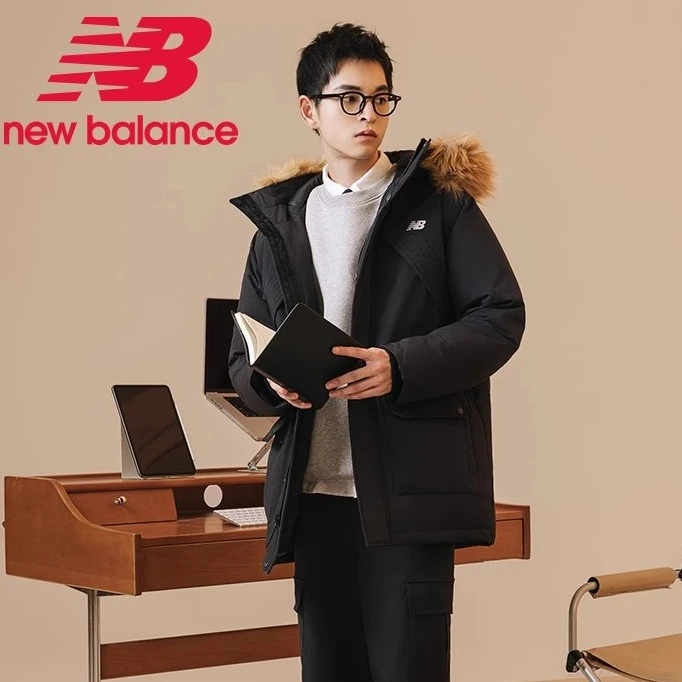 New Balance羽绒服男装潮流毛领连帽鸭绒保暖中长款外套AMJ34323