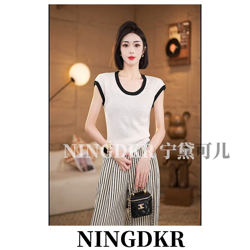 可A30605撞色凉感百搭显瘦柔软亲肤小包袖圆领针织衫女修身夏季