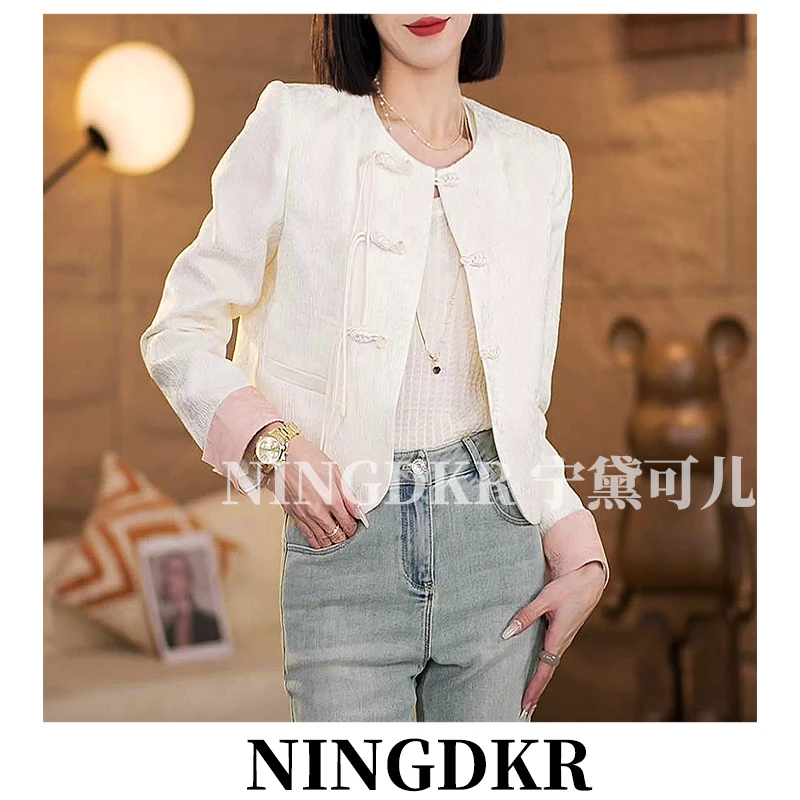 可A30318新中式国风女装东方美气质复古翻袖盘扣提花外套女短款