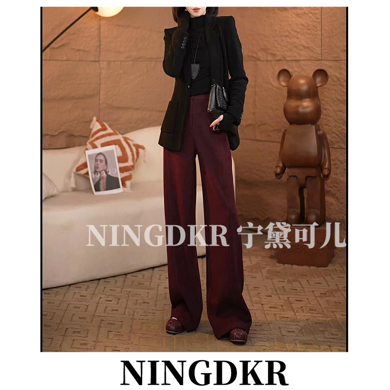 可A30825气质垂感安可拉红高腰显瘦阔腿裤女休闲百搭直筒拖地裤