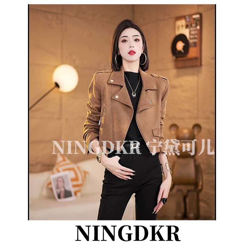 可IZ080377复古机车服修身显瘦仿麂皮绒夹克西装短外套女